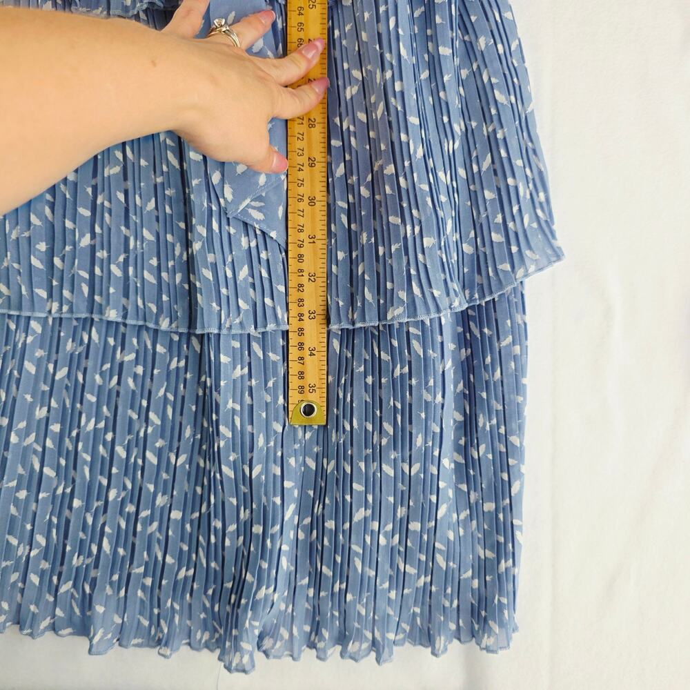 Entro Midi Tiered Dress Large Blue White Feather Pleated Flutter Sleeve Cottage - Picture 15 of 15